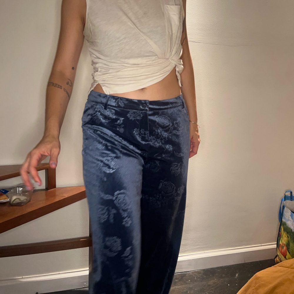 blue velvet printed floral trousers